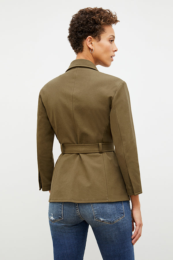 Back image of a woman in the emalis jacket in oregano | Exclude