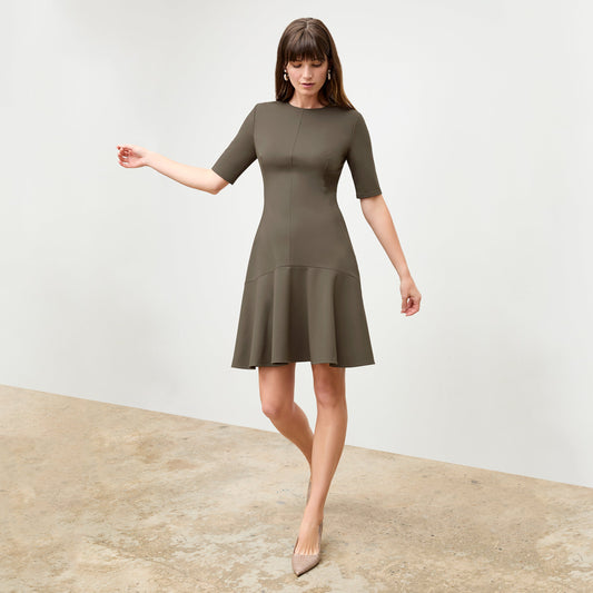 front image of a woman wearing the gina dress in ash | Lead