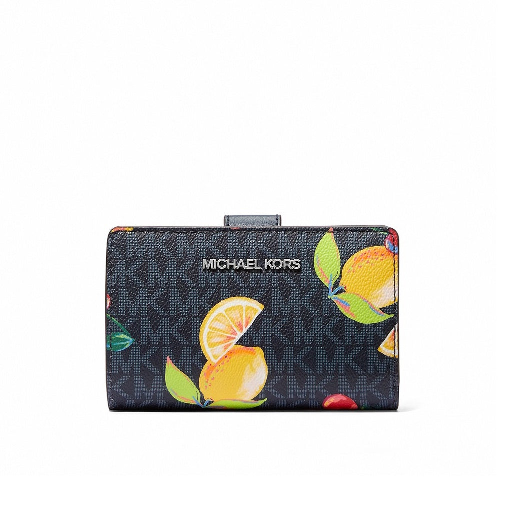 title:Michael Kors Women's Jet Set Travel Medium Fruit Print Logo Bi-Fold Wallet;color:Admiral