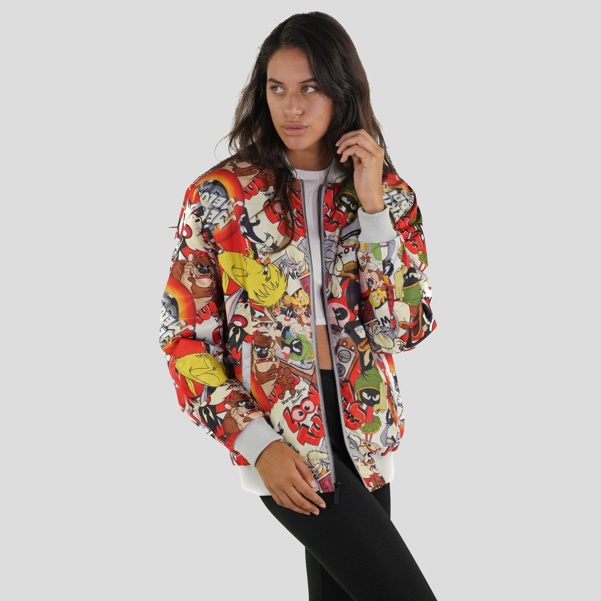 Women's Looney Tunes Vintage Mash Print Oversized Jacket - FINAL SALE Womens Jacket Members Only 