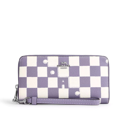 title:Coach Women's Long Zip Around Wallet With Checkerboard Print;color:Light Violet / Chalk