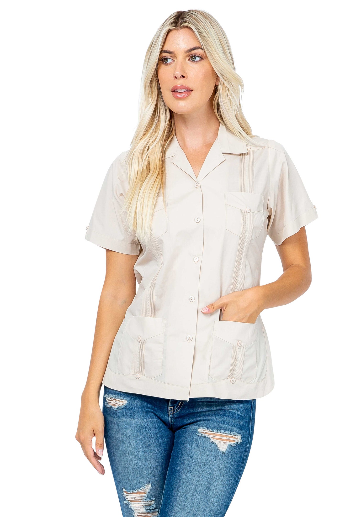 Women's Traditional Guayabera Shirt Cotton Blend 4 Pocket Design Short Sleeve - Mojito Collection - Mojito Lady Guayabera Shirt, Women's Guayabera Shirt, Womens Guayabera Short Sleeve Shirt, 