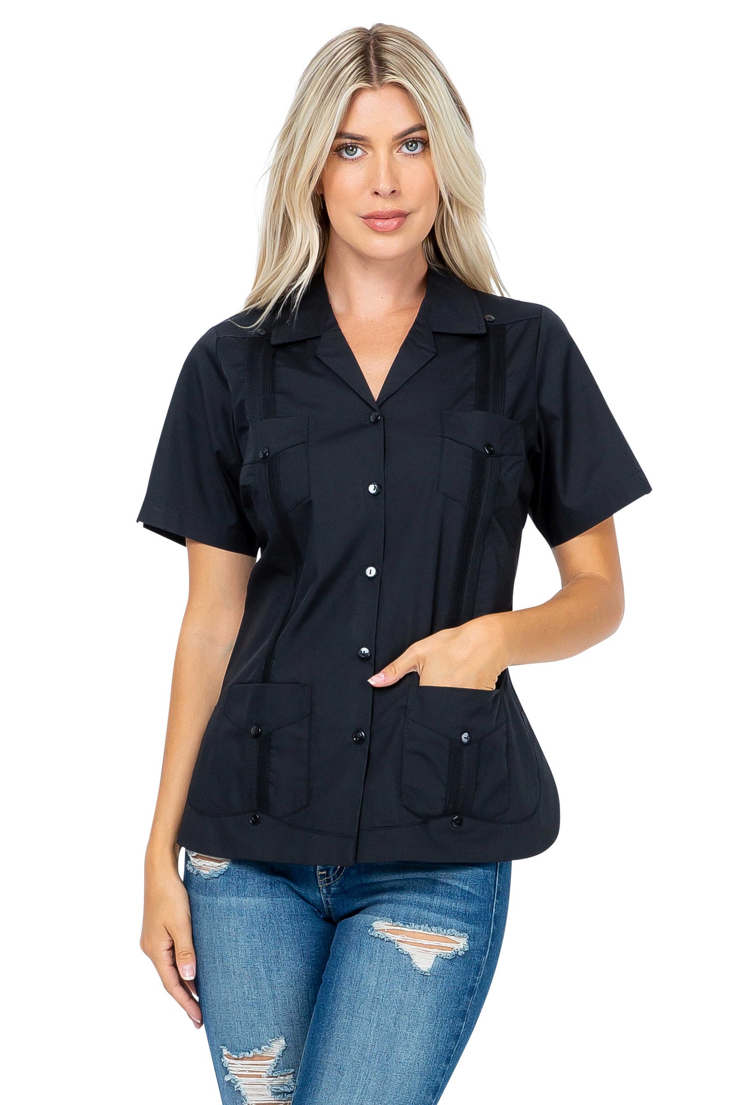 Women's Traditional Guayabera Shirt Cotton Blend 4 Pocket Design Short Sleeve - Mojito Collection - Mojito Lady Guayabera Shirt, Women's Guayabera Shirt, Womens Guayabera Short Sleeve Shirt, 