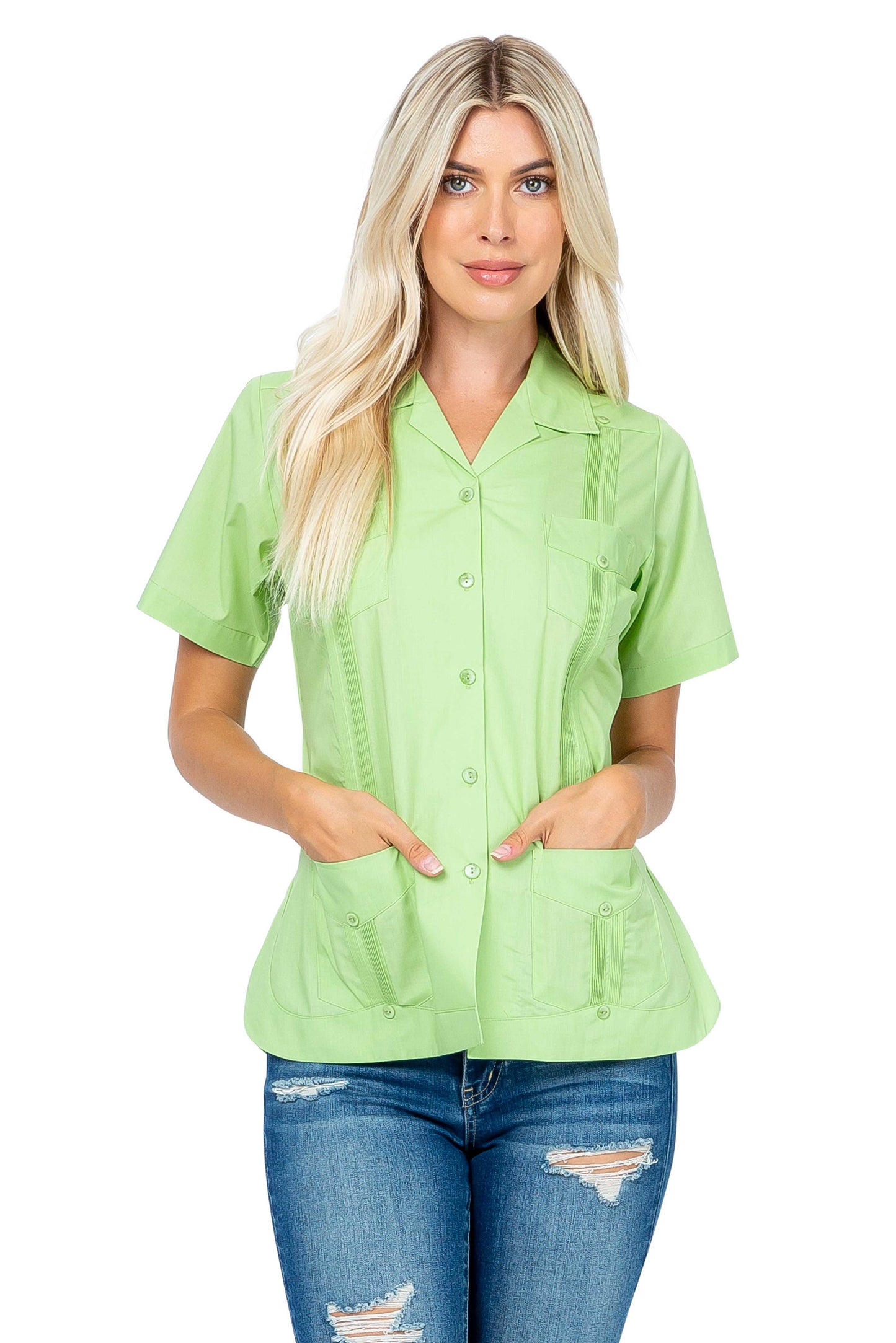 Women's Traditional Guayabera Shirt Cotton Blend 4 Pocket Design Short Sleeve - Mojito Collection - Mojito Lady Guayabera Shirt, Women's Guayabera Shirt, Womens Guayabera Short Sleeve Shirt, 