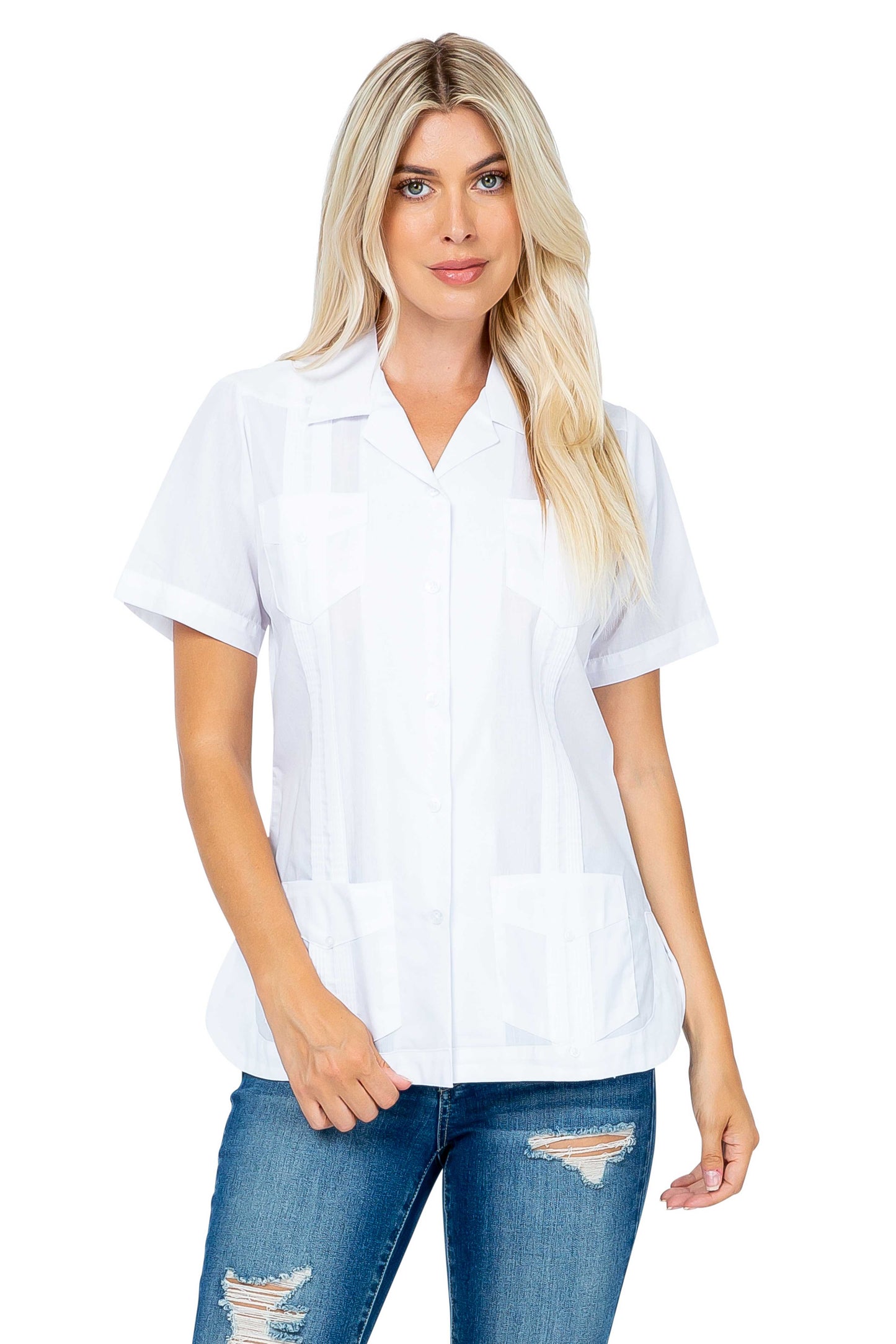 Women's Traditional Guayabera Shirt Cotton Blend 4 Pocket Design Short Sleeve - Mojito Collection - Mojito Lady Guayabera Shirt, Women's Guayabera Shirt, Womens Guayabera Short Sleeve Shirt, 