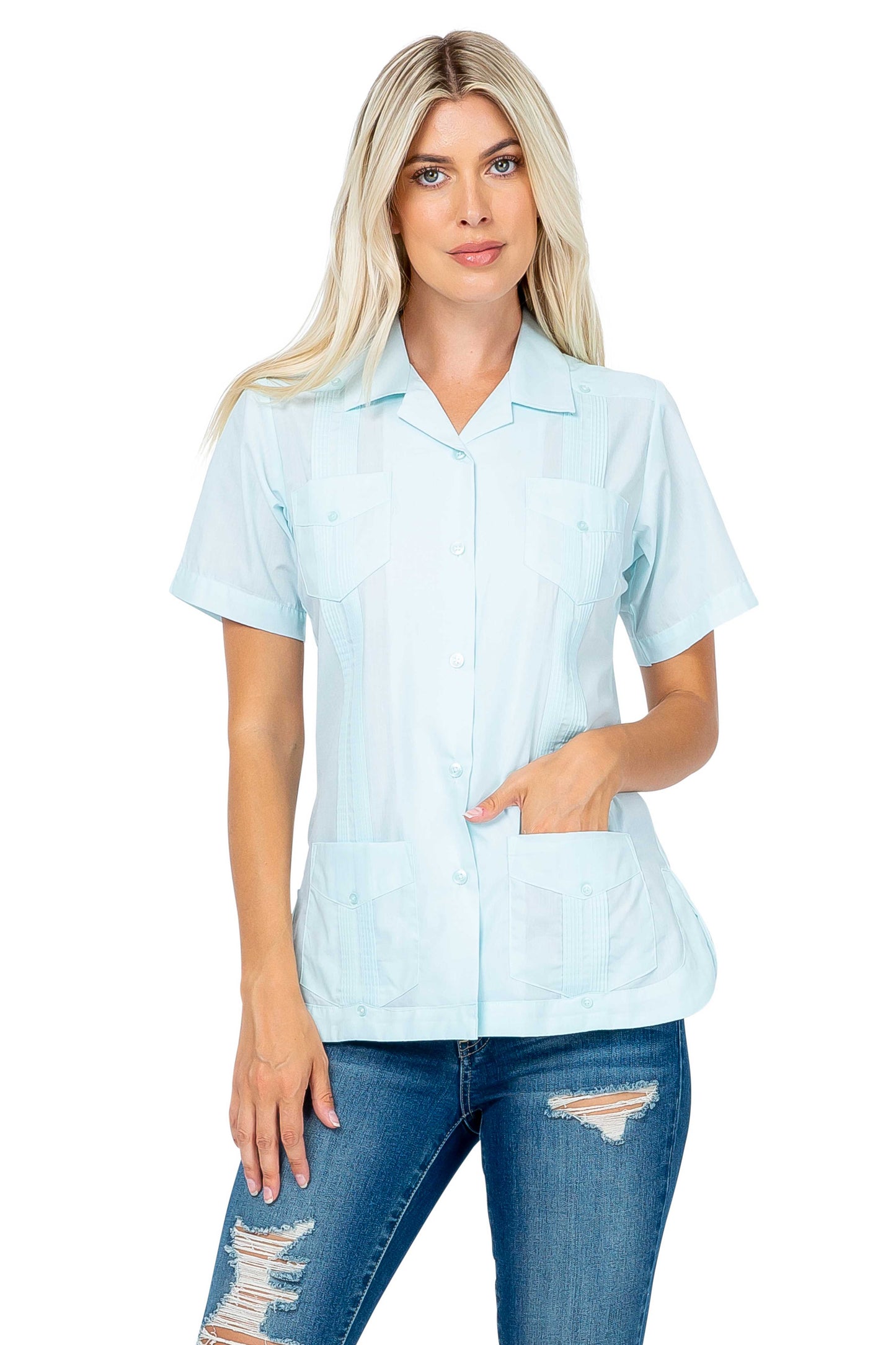 Women's Traditional Guayabera Shirt Cotton Blend 4 Pocket Design Short Sleeve - Mojito Collection - Mojito Lady Guayabera Shirt, Women's Guayabera Shirt, Womens Guayabera Short Sleeve Shirt, 