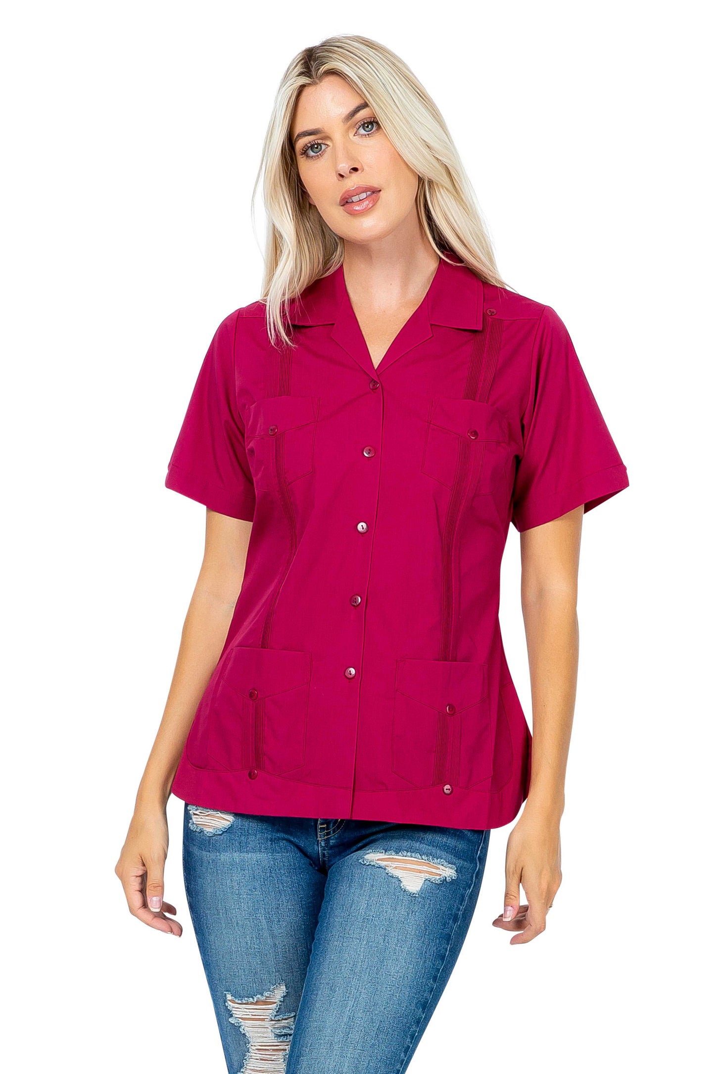 Women's Traditional Guayabera Shirt Cotton Blend 4 Pocket Design Short Sleeve - Mojito Collection - Mojito Lady Guayabera Shirt, Women's Guayabera Shirt, Womens Guayabera Short Sleeve Shirt, 