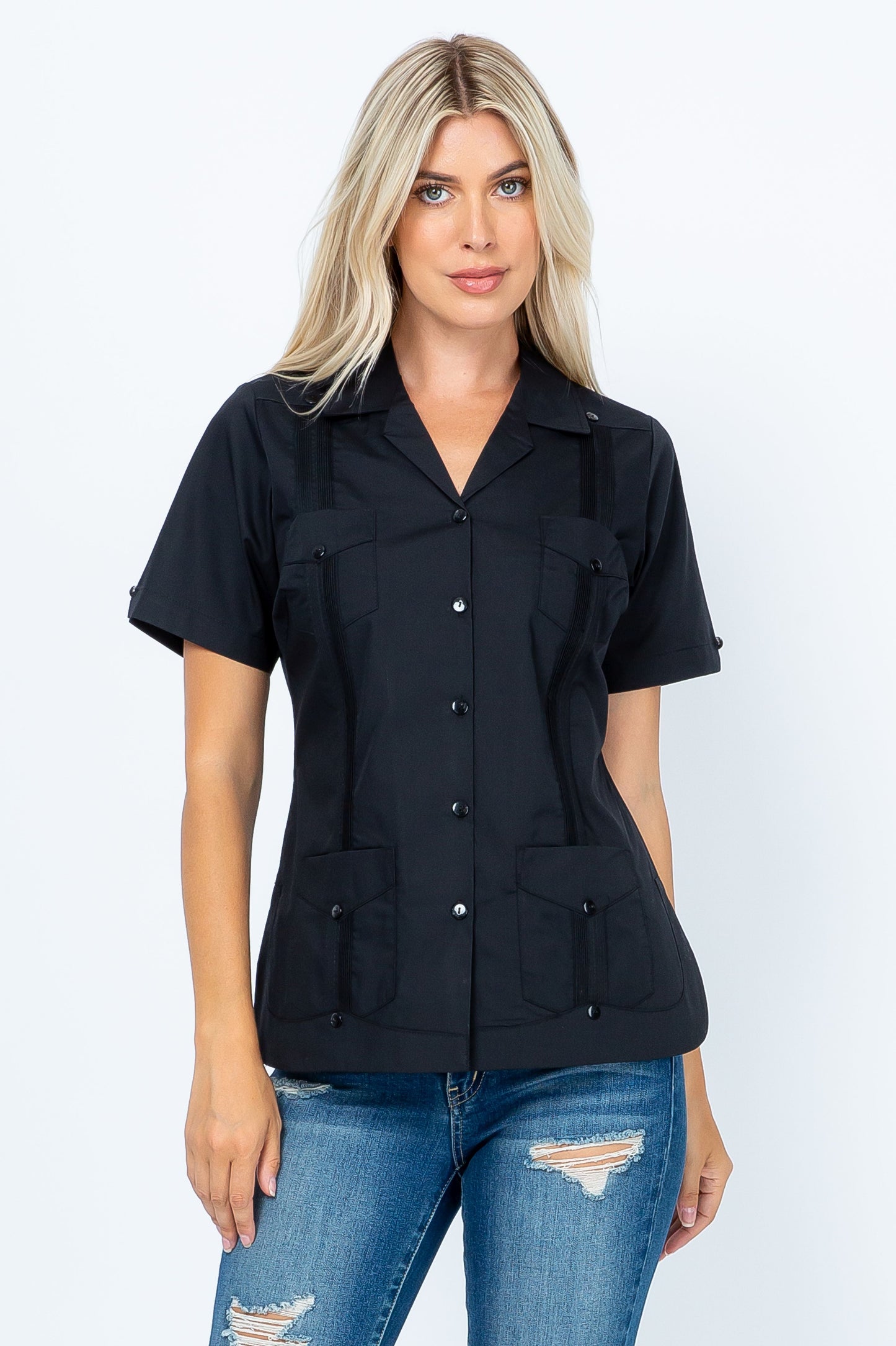 Women's Traditional Guayabera Shirt Cotton Blend 4 Pocket Design Short Sleeve - Mojito Collection - Mojito Lady Guayabera Shirt, Women's Guayabera Shirt, Womens Guayabera Short Sleeve Shirt, 