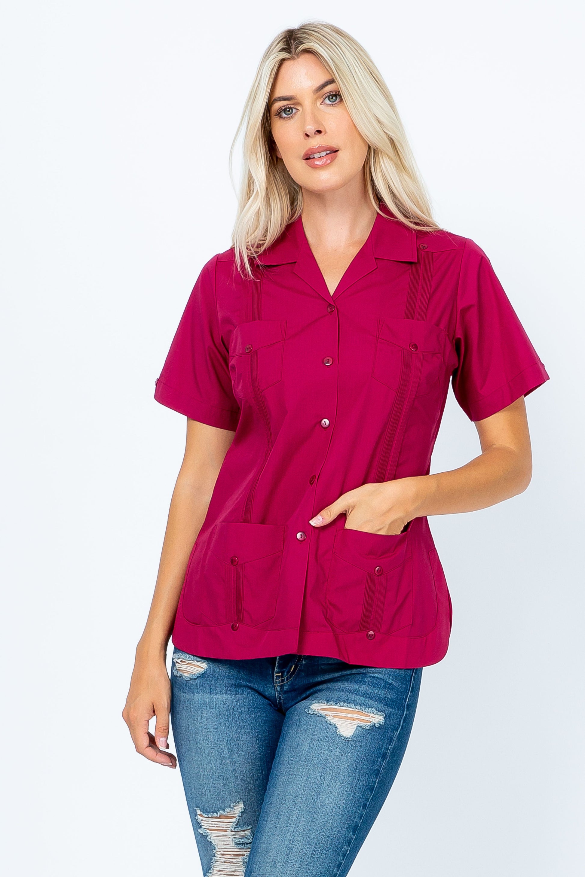 Women's Traditional Guayabera Shirt Cotton Blend 4 Pocket Design Short Sleeve - Mojito Collection - Mojito Lady Guayabera Shirt, Women's Guayabera Shirt, Womens Guayabera Short Sleeve Shirt, 