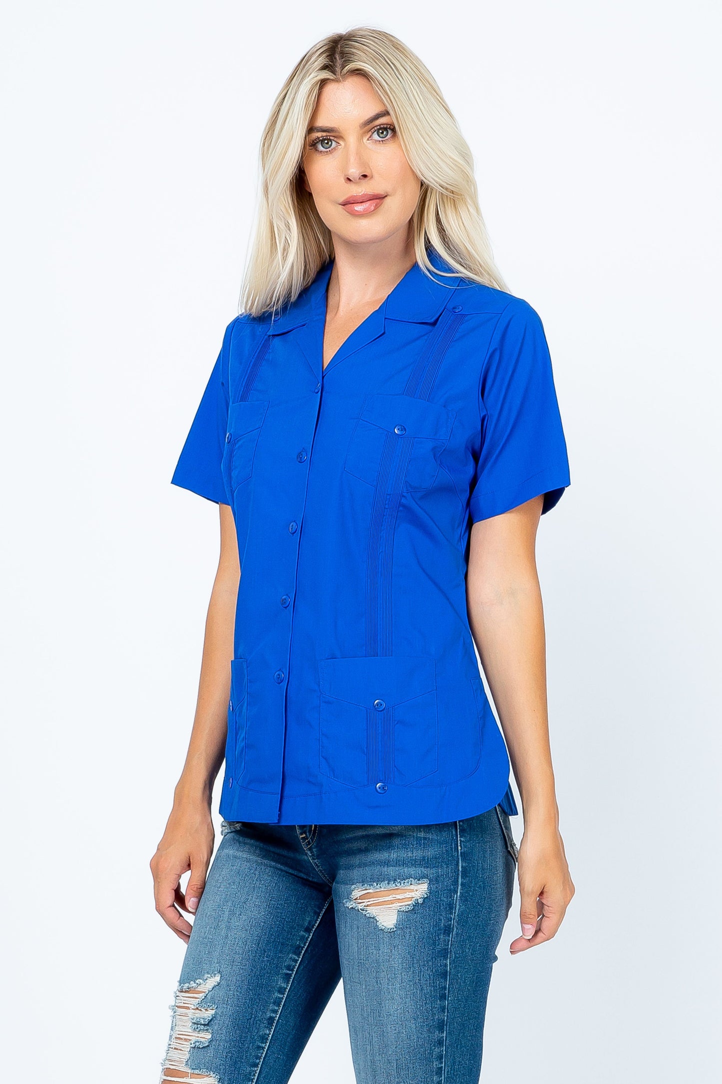 Women's Traditional Guayabera Shirt Cotton Blend 4 Pocket Design Short Sleeve - Mojito Collection - Mojito Lady Guayabera Shirt, Women's Guayabera Shirt, Womens Guayabera Short Sleeve Shirt, 