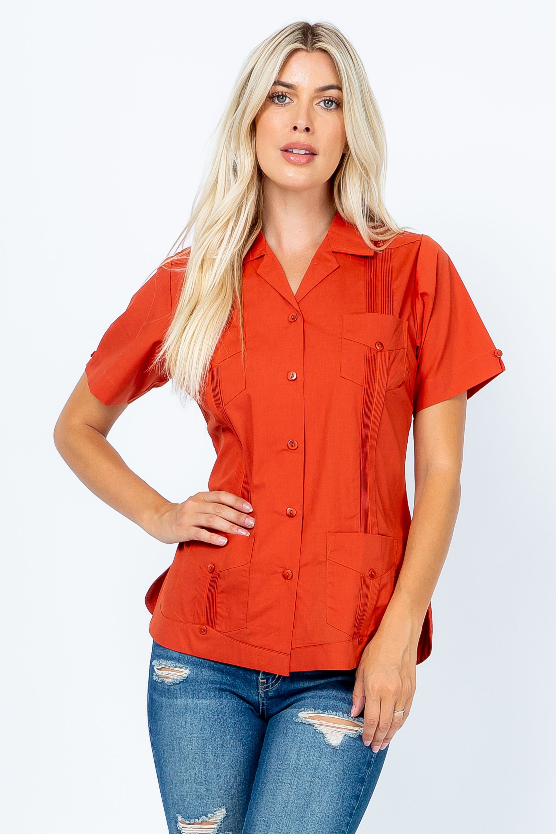 Women's Traditional Guayabera Shirt Cotton Blend 4 Pocket Design Short Sleeve - Mojito Collection - Mojito Lady Guayabera Shirt, Women's Guayabera Shirt, Womens Guayabera Short Sleeve Shirt, 