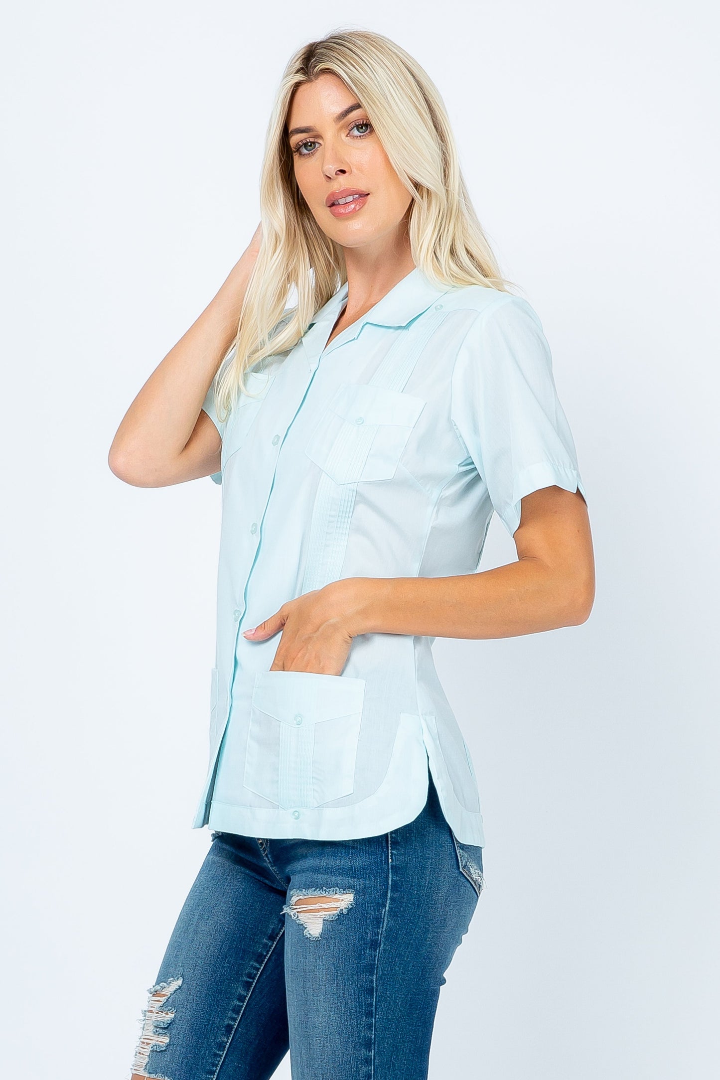 Women's Traditional Guayabera Shirt Cotton Blend 4 Pocket Design Short Sleeve - Mojito Collection - Mojito Lady Guayabera Shirt, Women's Guayabera Shirt, Womens Guayabera Short Sleeve Shirt, 