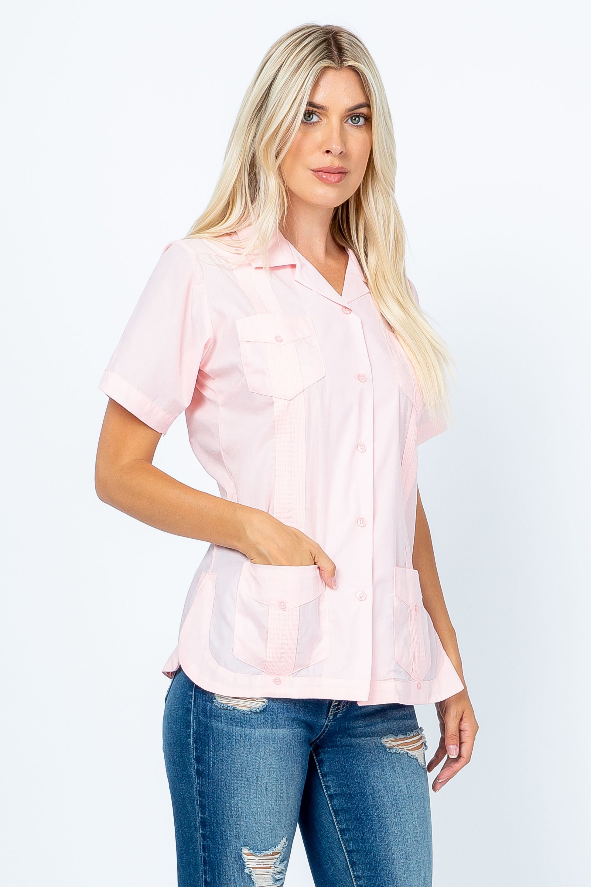 Women's Traditional Guayabera Shirt Cotton Blend 4 Pocket Design Short Sleeve - Mojito Collection - Mojito Lady Guayabera Shirt, Women's Guayabera Shirt, Womens Guayabera Short Sleeve Shirt, 