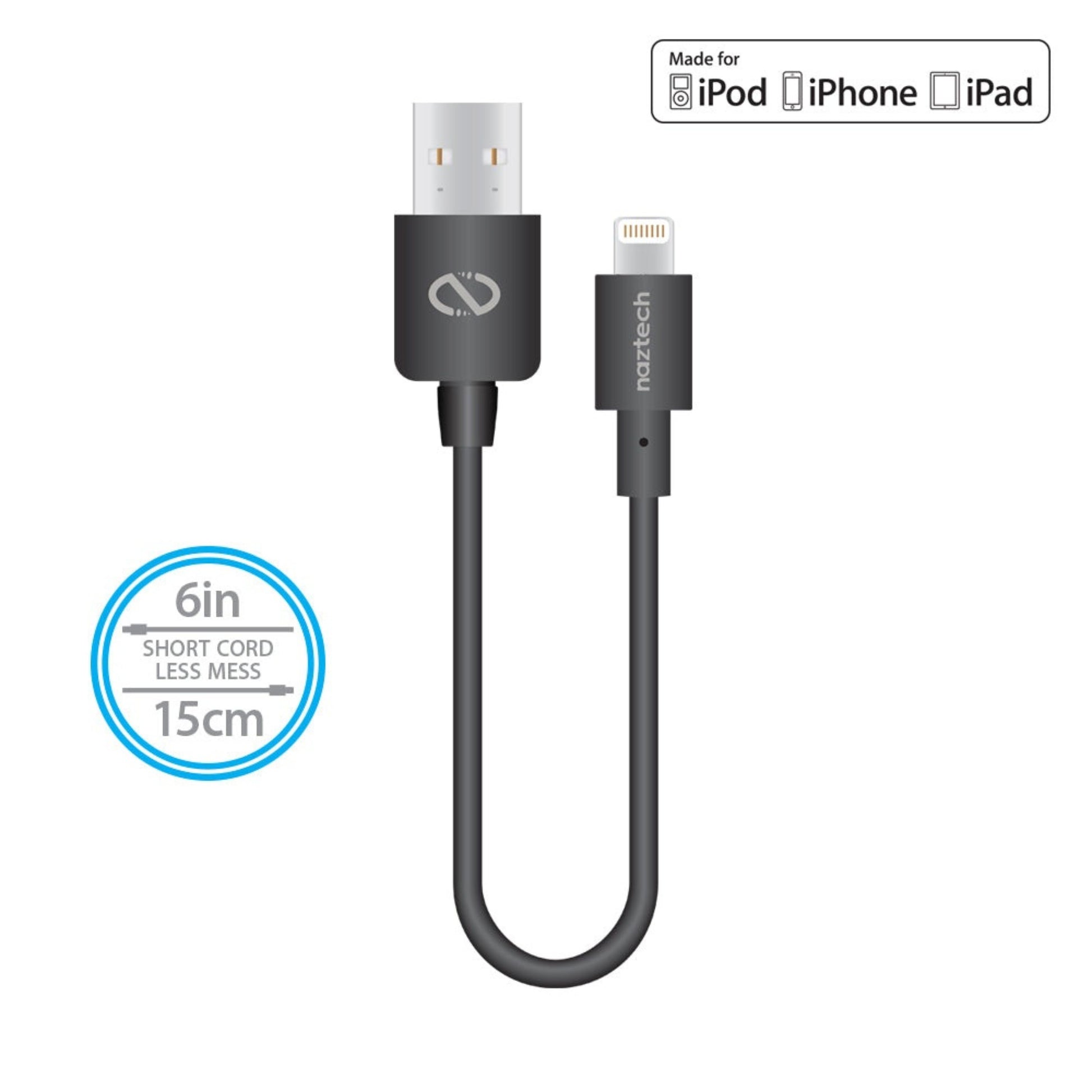 title:Naztech MFi Lightning Charge/Sync USB Cable 6in Black;color:Black