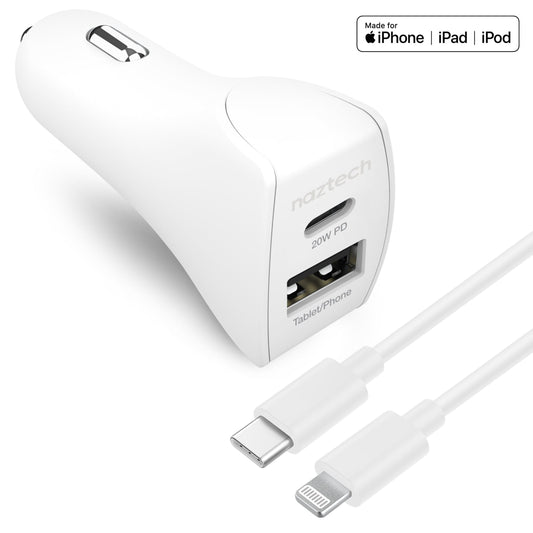 title:Naztech 20W USB-C PD+12W USB Car Charger White;color:White