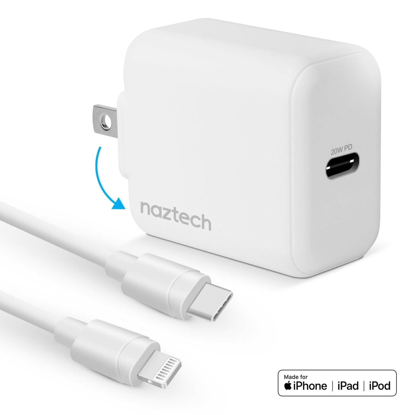 title:Naztech 20W PD Wall Charger + USB-C to Lightning 4ft Cbl WHT;color:White