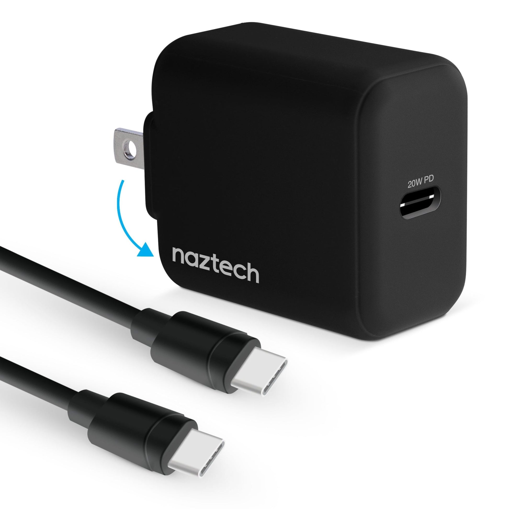 title:Naztech 20W PD Wall Charger + USB-C to USB-C 4ft Cbl BLK;color:Black