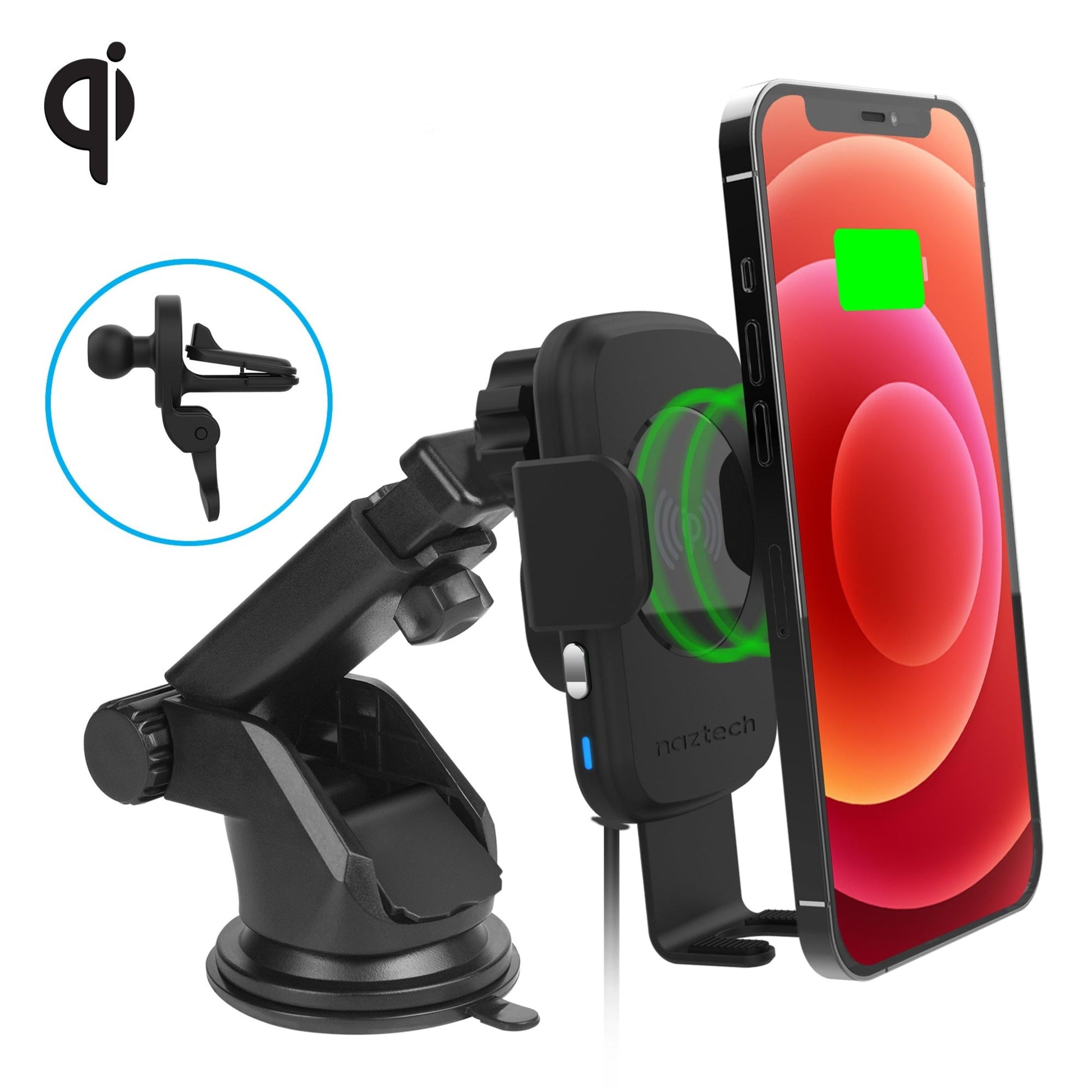 title:Naztech Smart Grip Wireless Charging Car Mount Black;color:Black