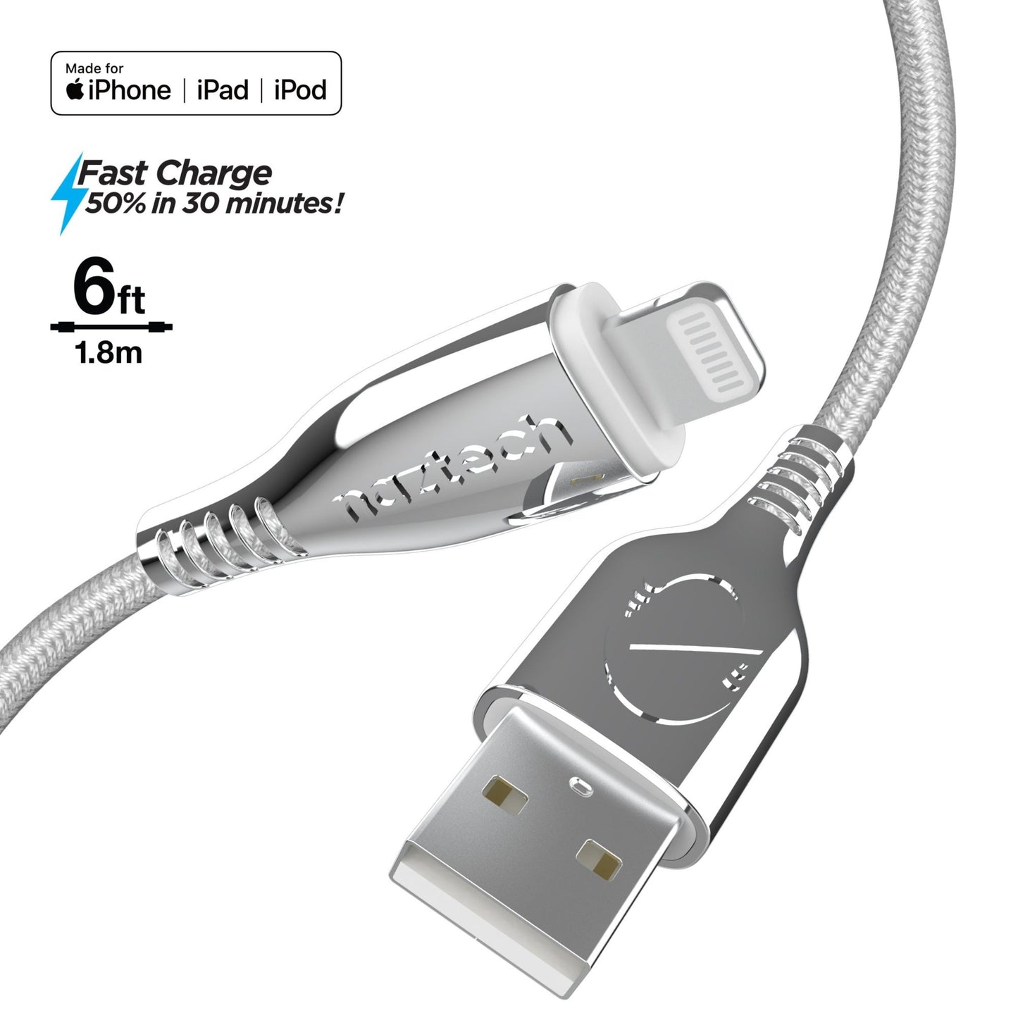 title:Naztech Titanium USB to MFi Lightning Braided Cable 6ft White;color:White