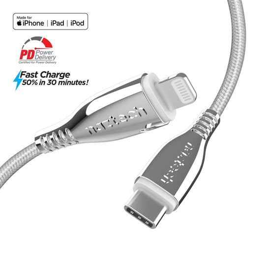 title:Naztech Titanium USB-C to Lightning Braided Cable 6ft White;color:White