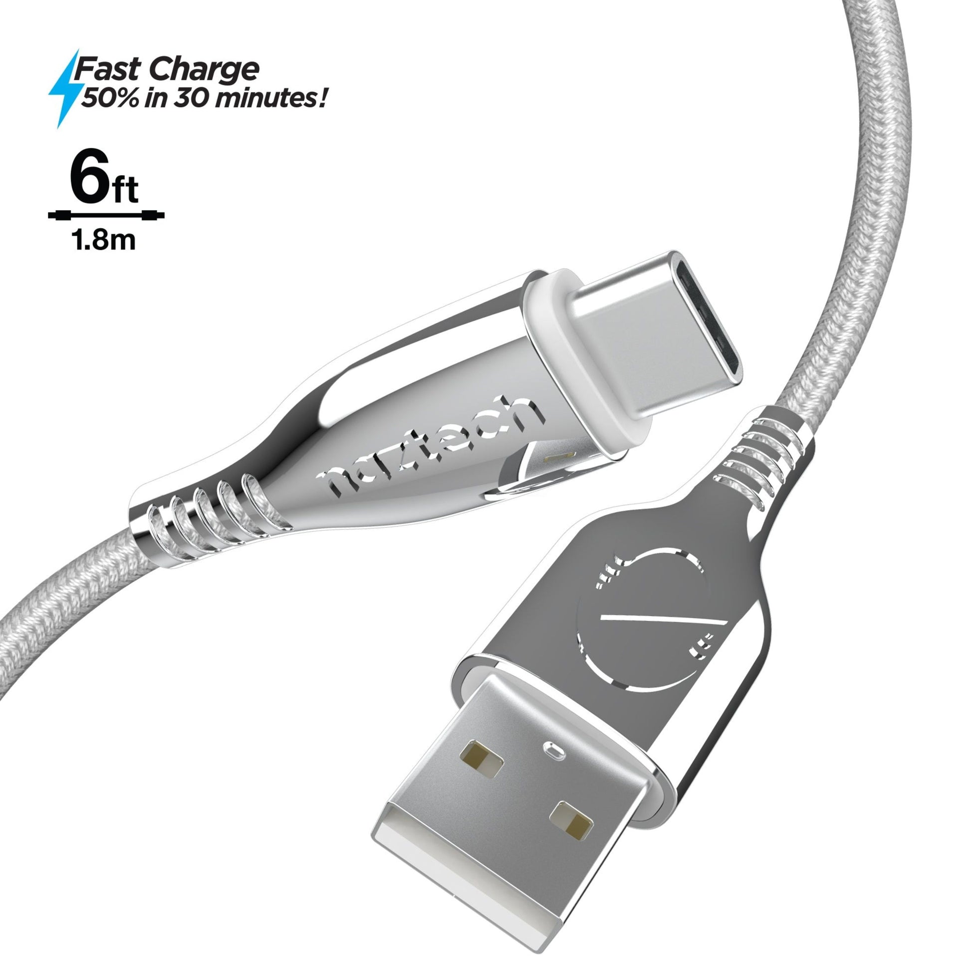 title:Naztech Titanium USB to USB-C Braided Cable 6ft White;color:White