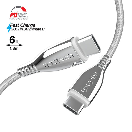 title:Naztech Titanium USB-C to USB-C Braided Cable 6ft White;color:White