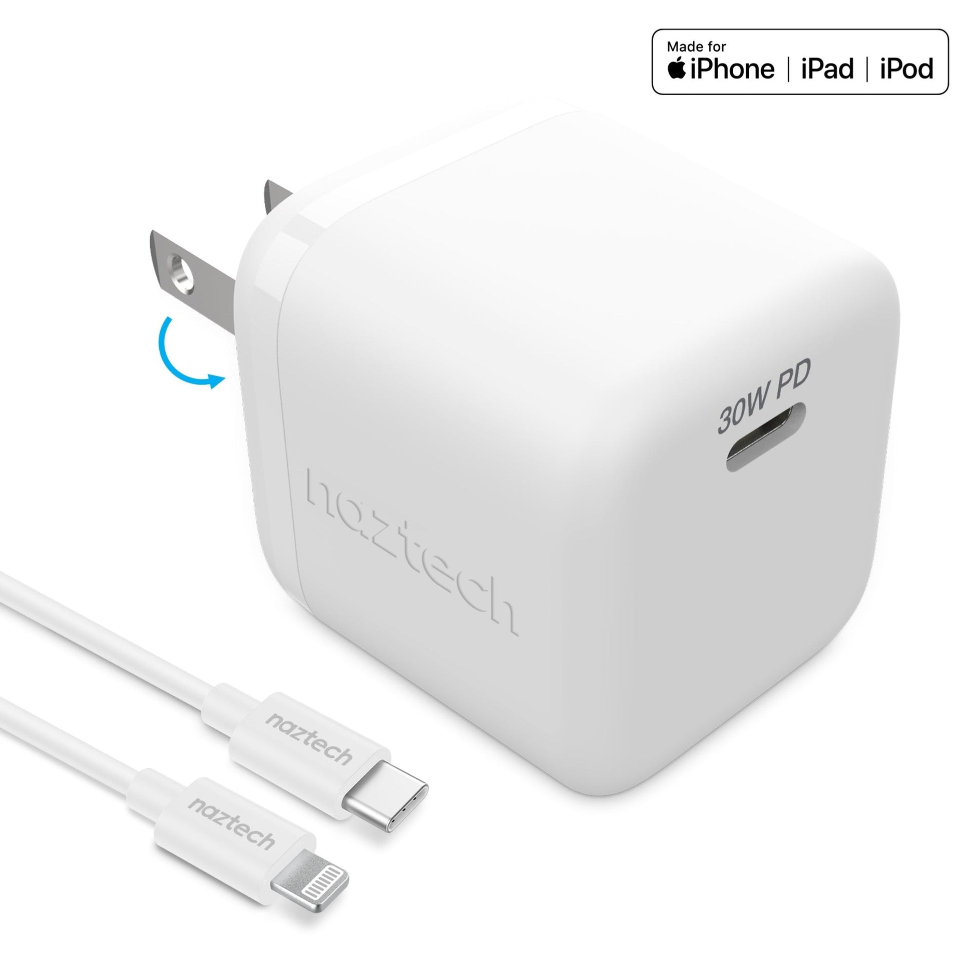 title:Naztech 30W PD Wall Charger + USB-C to MFI Cable 6ft;color:White