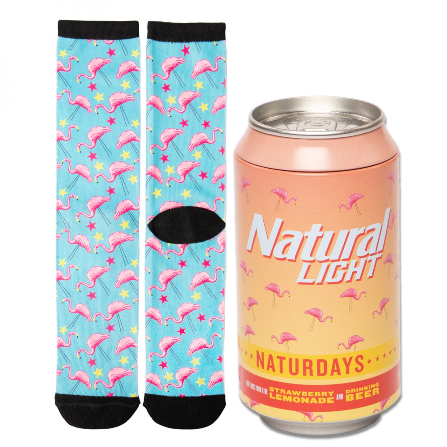 title:Natural Light Naturdays Flamingos Crew Socks In Beer Can Gift Packaging;color:Multi-Color