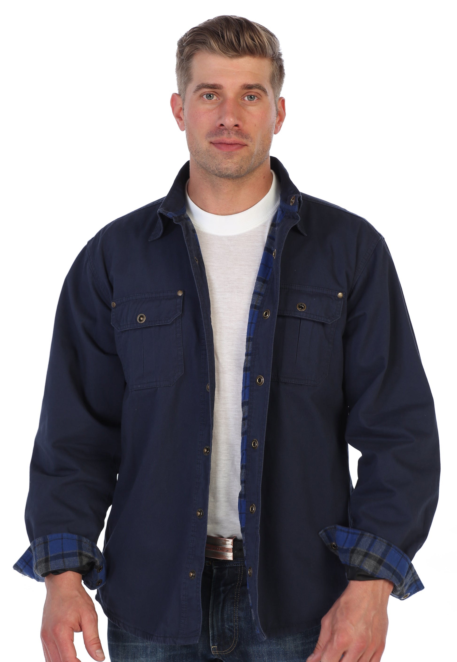 title:Gioberti Men's Navy Cotton Brushed and Soft Twill Shirt Jacket with Flannel Lining;color:Navy