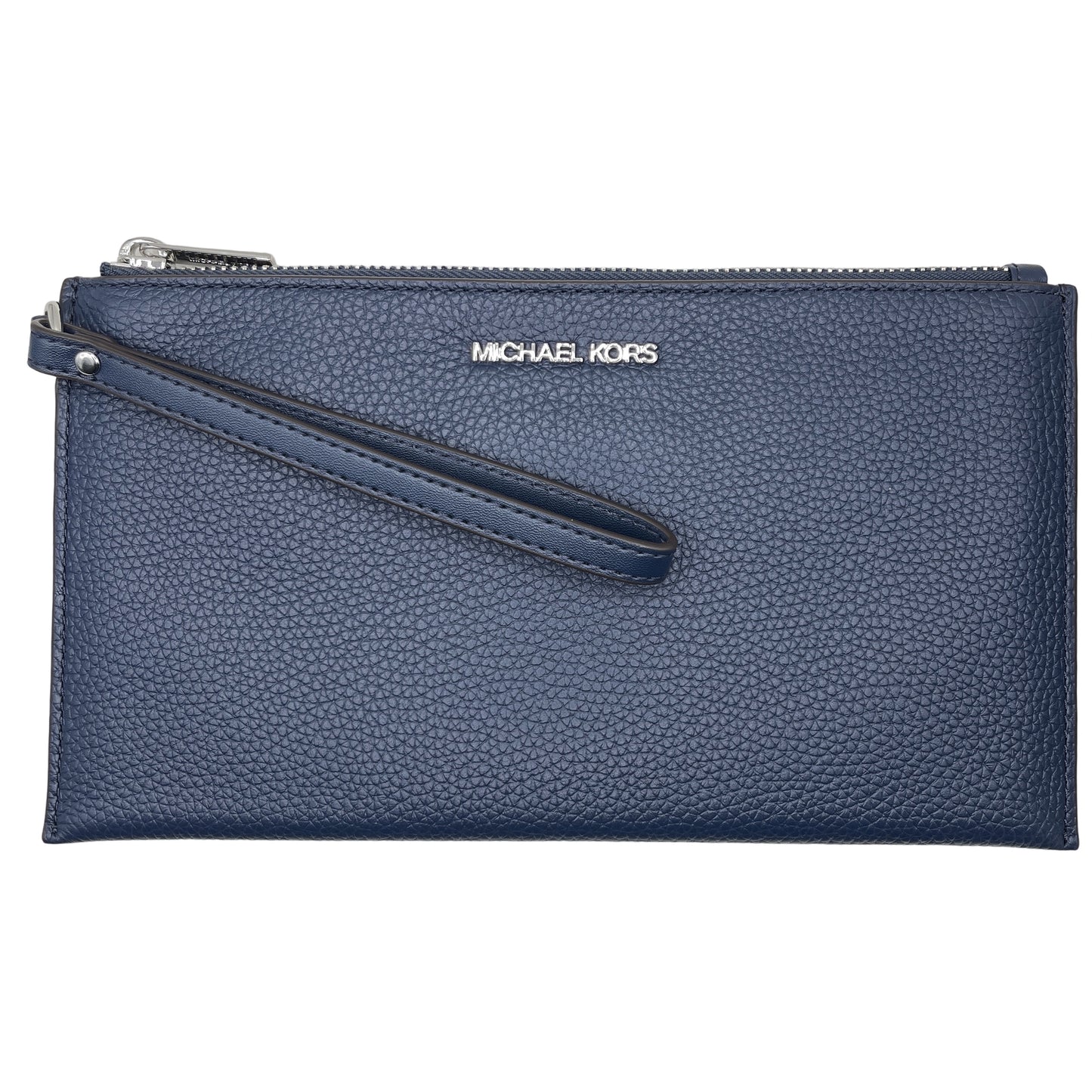 title:Michael Kors Women's Jet Set Travel Large Top Zip Pebbled Leather Wristlet Pouch;color:Navy