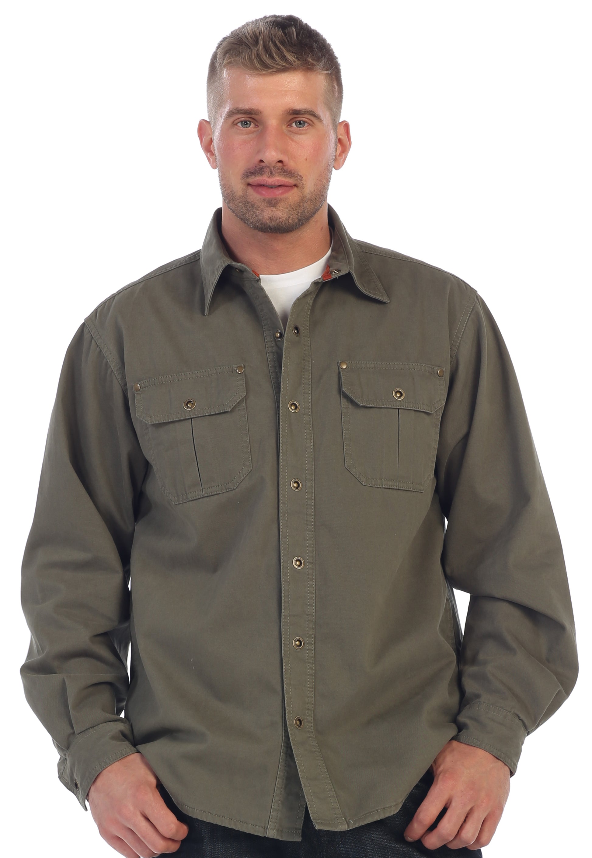 title:Gioberti Men's Olive Cotton Brushed and Soft Twill Shirt Jacket with Flannel Lining;color:Olive