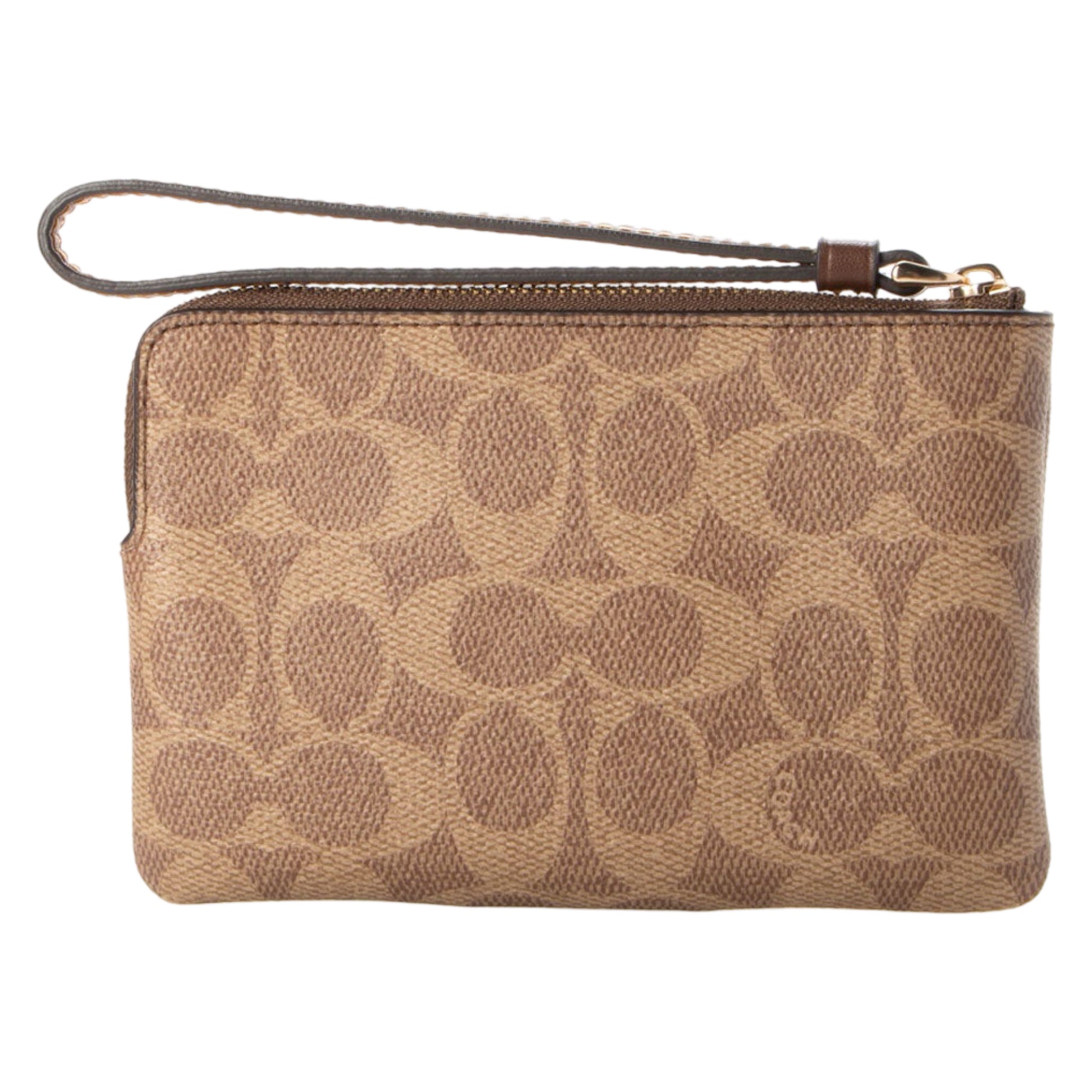 title:Coach Women's Corner Zip Wristlet In Signature Canvas;color:Tan / Brown