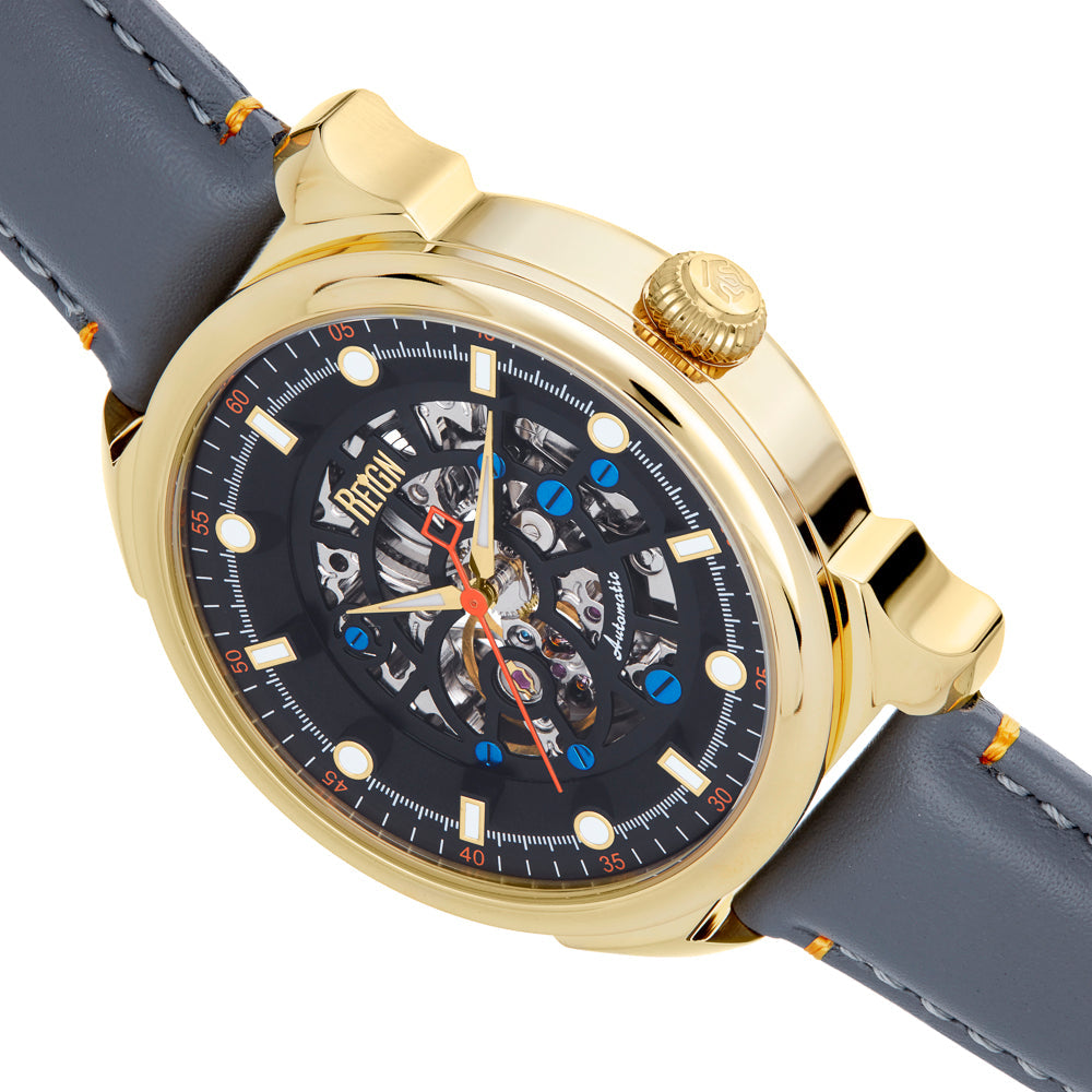 Reign Weston Automatic Skeletonized Leather-Band Watch- Grey/Gold - REIRN6802