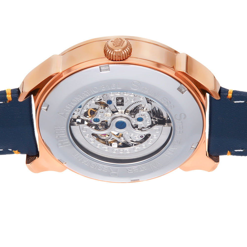 Reign Weston Automatic Skeletonized Leather-Band Watch- Blue/Rose Gold - REIRN6803