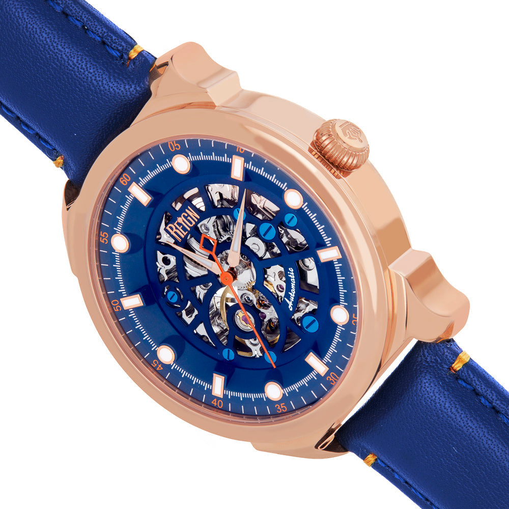 Reign Weston Automatic Skeletonized Leather-Band Watch- Blue/Rose Gold - REIRN6803