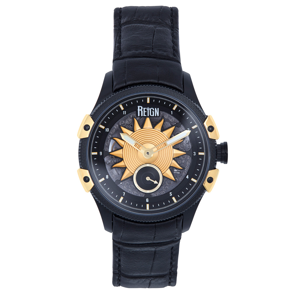 Reign Solstice Automatic Skeletonized Leather-Band Watch - Black / Gold - REIRN6902