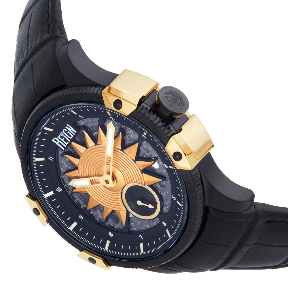 Reign Solstice Automatic Skeletonized Leather-Band Watch - Black / Gold - REIRN6902