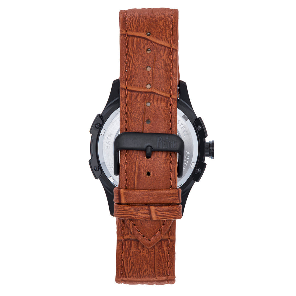 Reign Solstice Automatic Skeletonized Leather-Band Watch - Brown / Green- REIRN6904