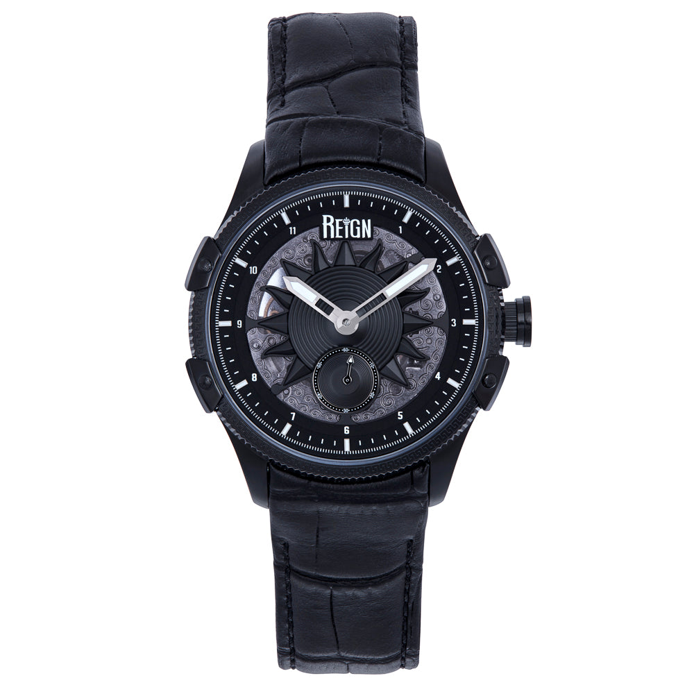 Reign Solstice Automatic Skeletonized Leather-Band Watch - Black / Black - REIRN6905