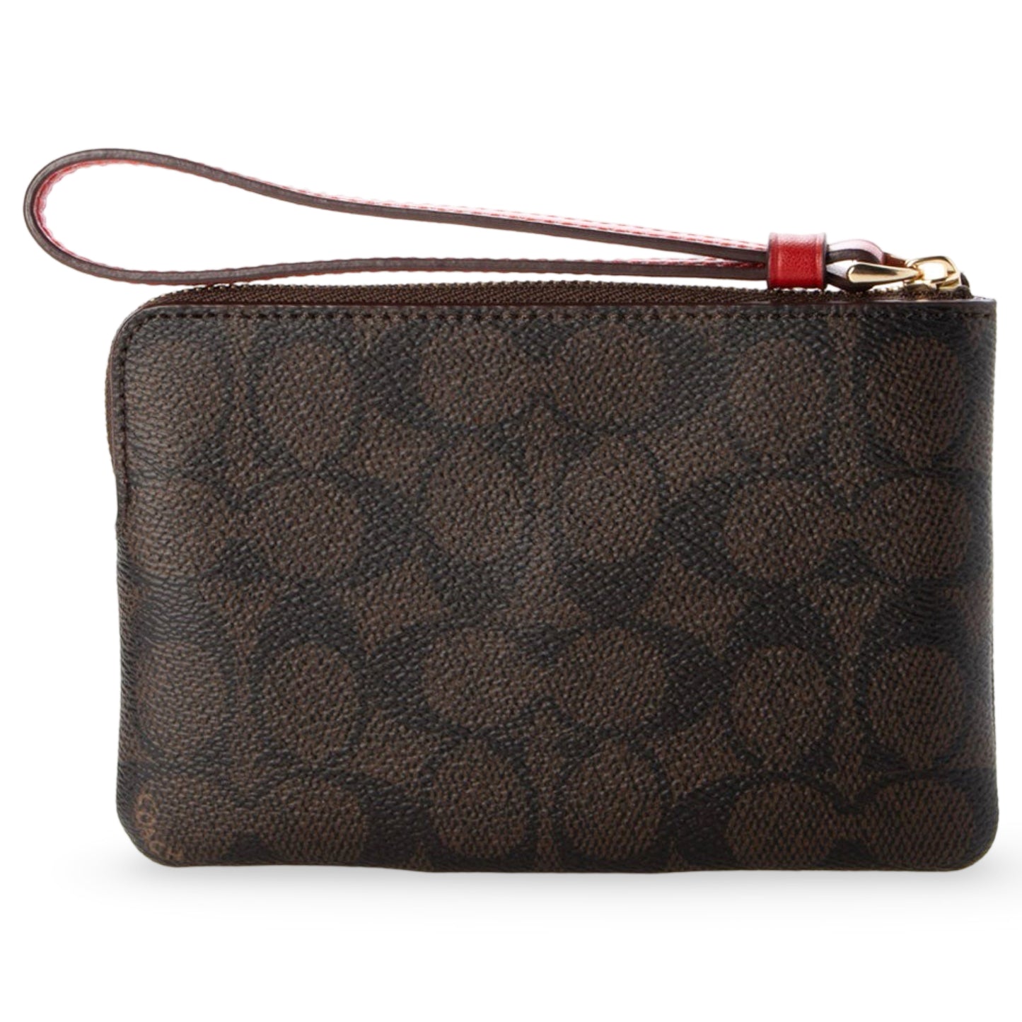 title:Coach Women's Corner Zip Wristlet In Signature Canvas;color:Walnut / Bold Red