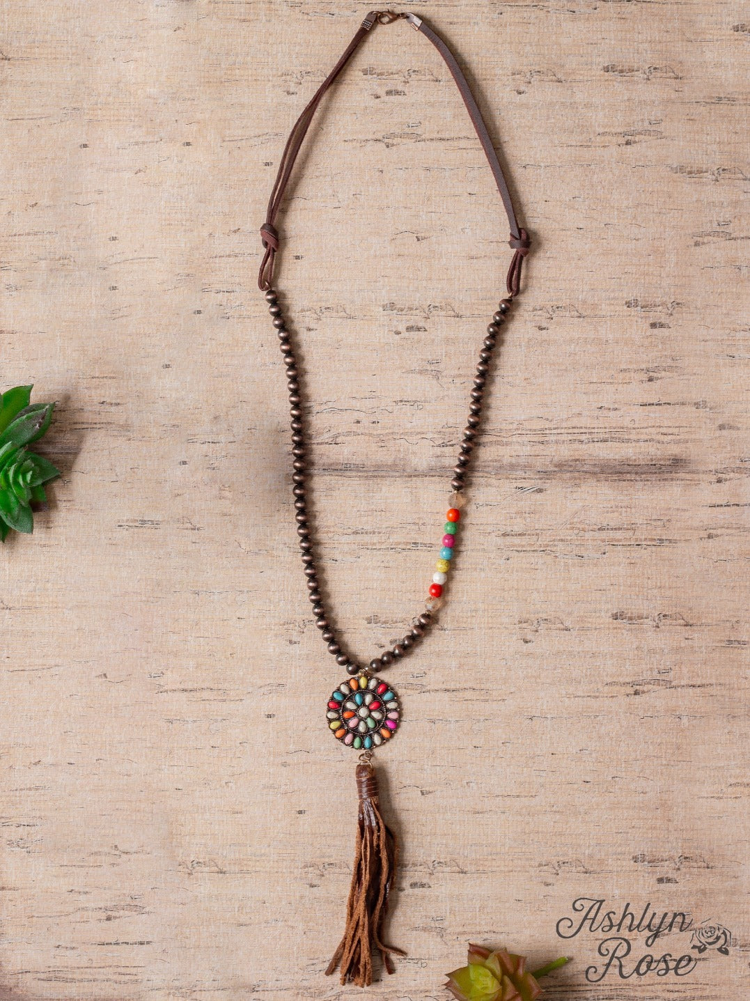 WILD WILD WEST RAINBOW SQUASH BLOSSOM TASSEL PENDANT ON A COPPER NAVAJO PEARL NECKLACE