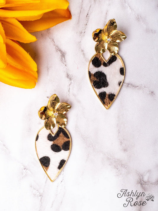 BRIGHTER DAYS GOLD FLOWER WHITE LEOPARD TEARDROP EARRINGS