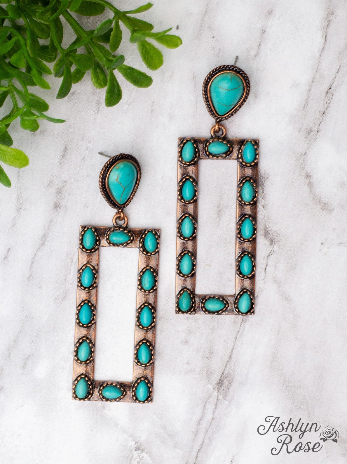 Let's Go Square Dancing Teardrop Turquoise Stone Copper Rectangle Earrings - Ruumur