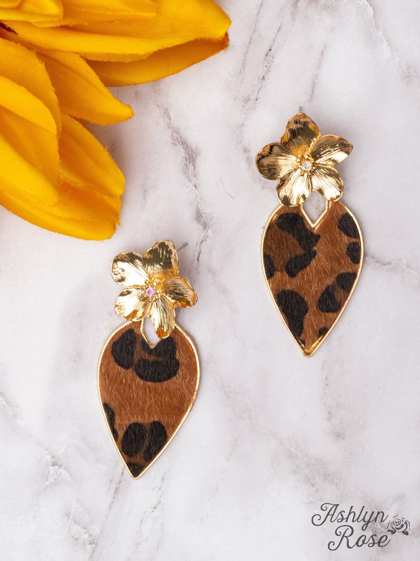 BRIGHTER DAYS GOLD FLOWER BROWN LEOPARD TEARDROP EARRINGS