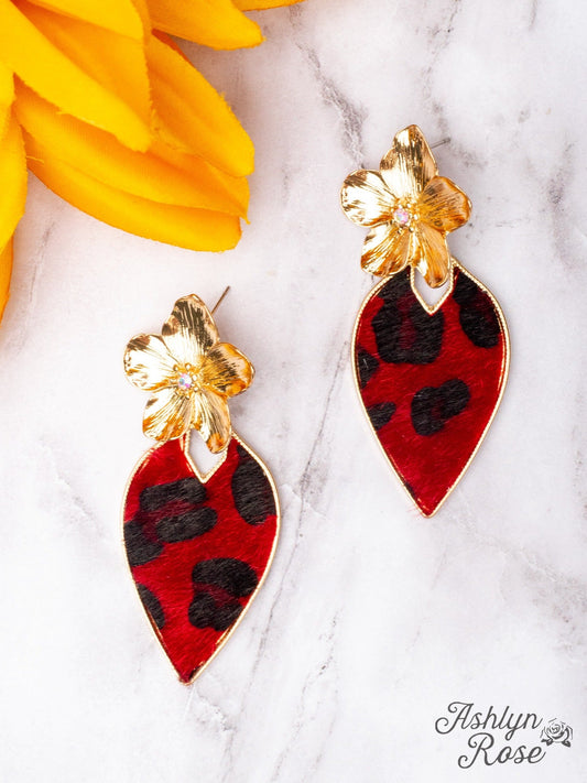 BRIGHTER DAYS GOLD FLOWER RED LEOPARD TEARDROP EARRINGS