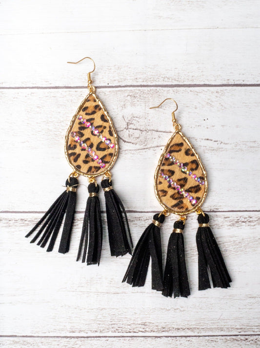 Not My First Rodeo Light Brown Leopard Teardrop Tassel Earrings