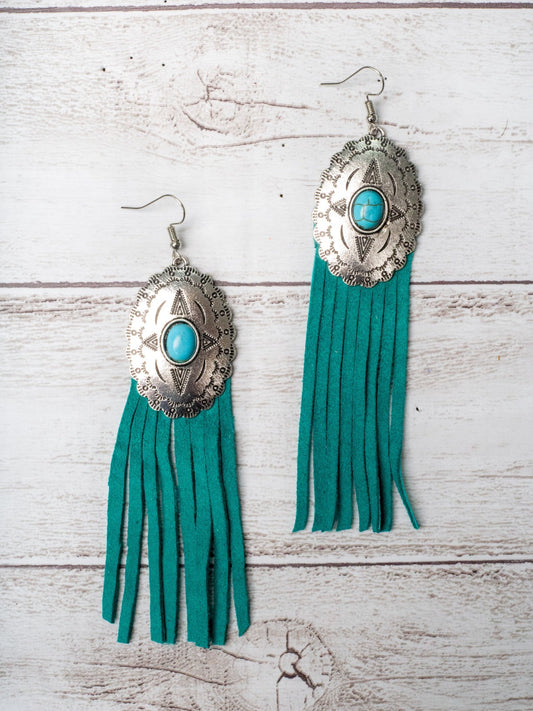 REBEL LIKE REBA TURQUOISE CONCHO WITH TURQUOISE FRINGE EARRINGS