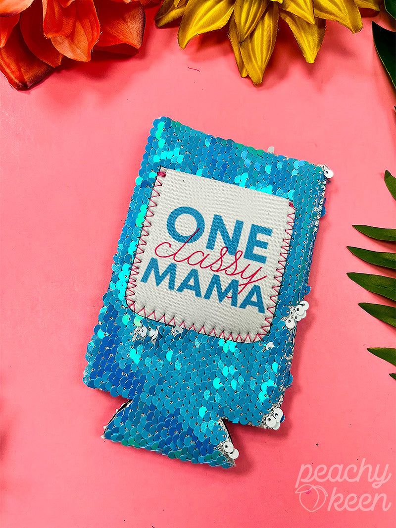 One Classy Mama Blue Sequin Slim Can Cooler - Ruumur