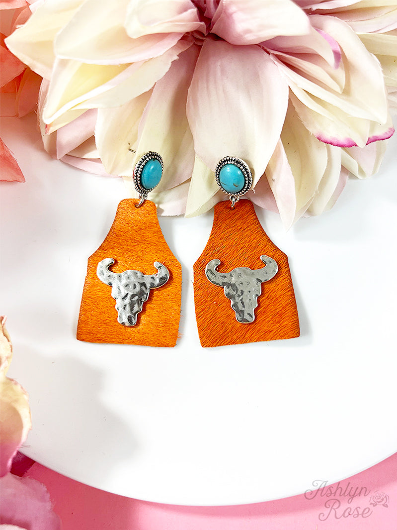 Take A Number Orange Cowhide Copper Cow Skull Stud Earrings