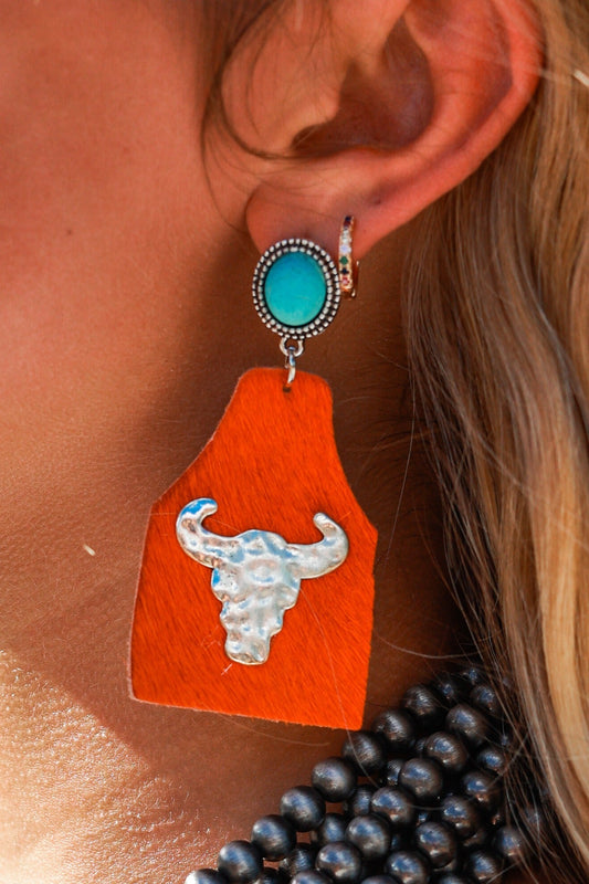 Take A Number Orange Cowhide Copper Cow Skull Stud Earrings